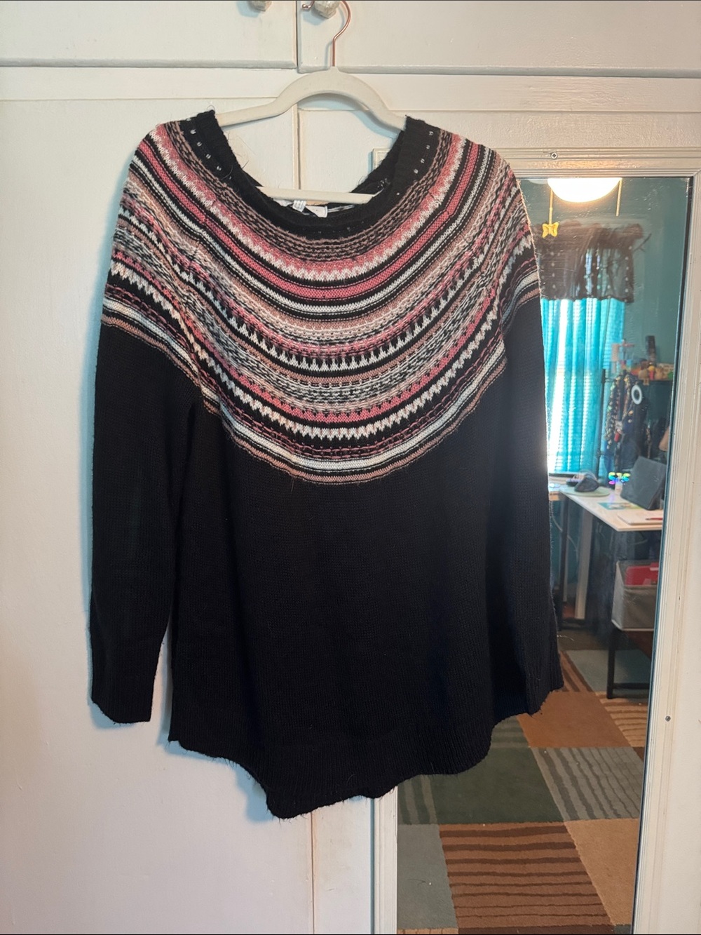 Fever Black Crewneck Sweater with Pink Fair Isle Yoke